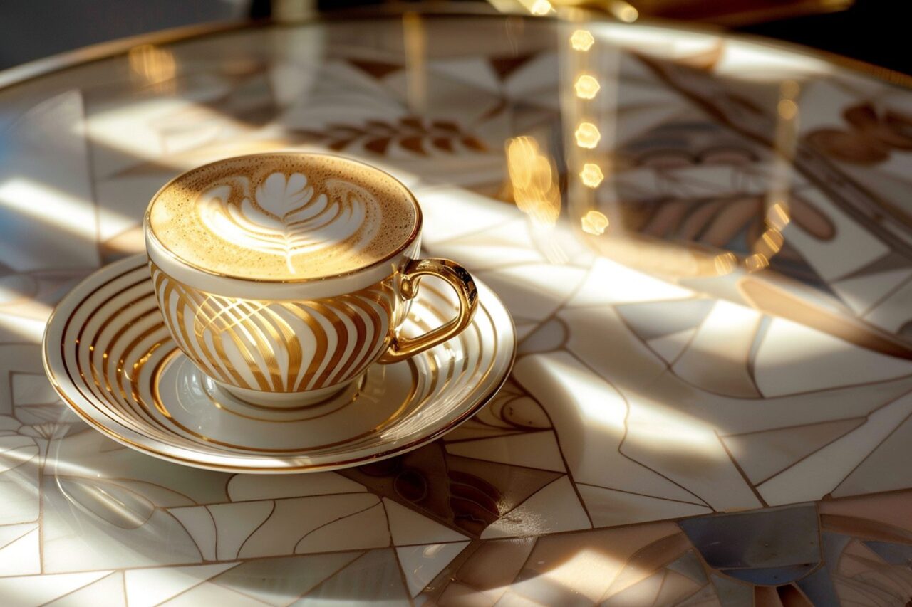Tasse de café noir OrGano Gold posée sur une table en bois.